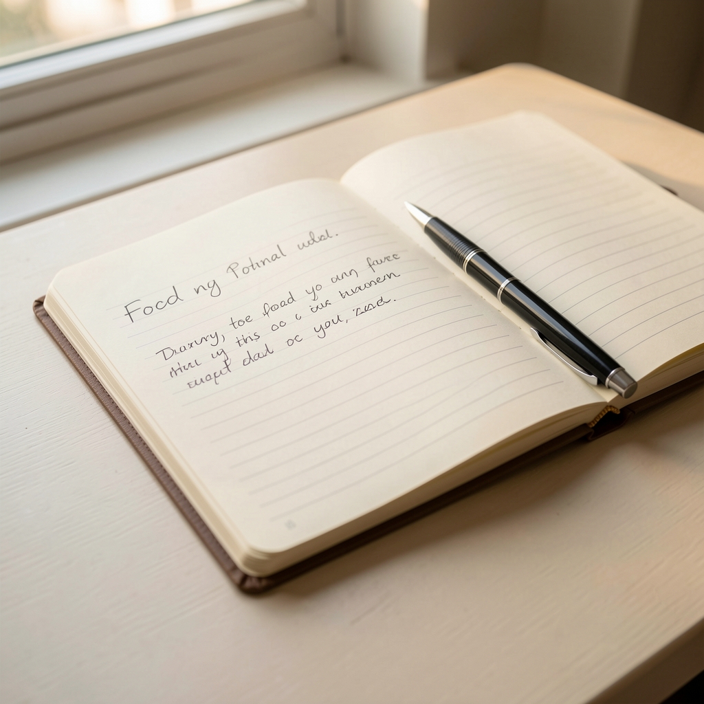 Close-up of a hand-written food journal on a pale desk, pen resting beside the open page, afternoon light