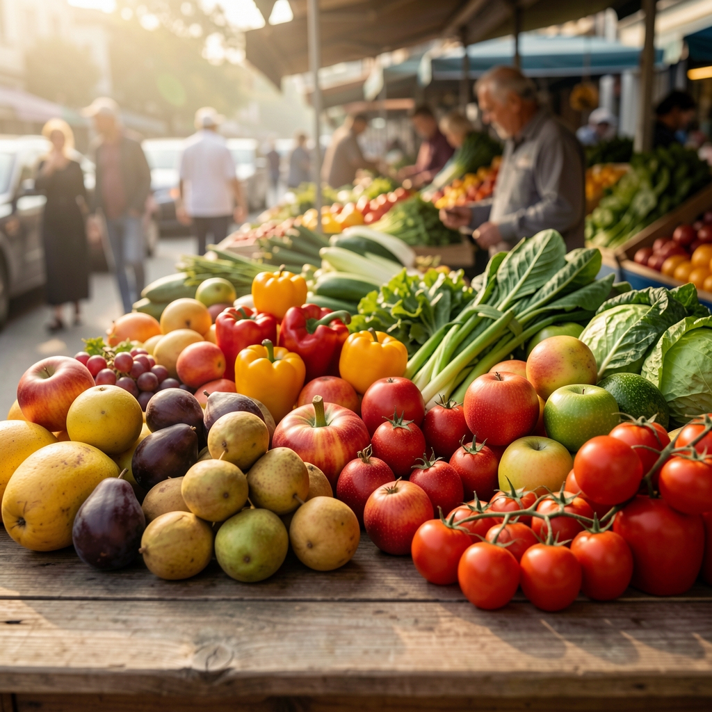 Market produce — a selection of seasonal fruit and vegetables arranged on a wooden surface, editorial composition, early morning light